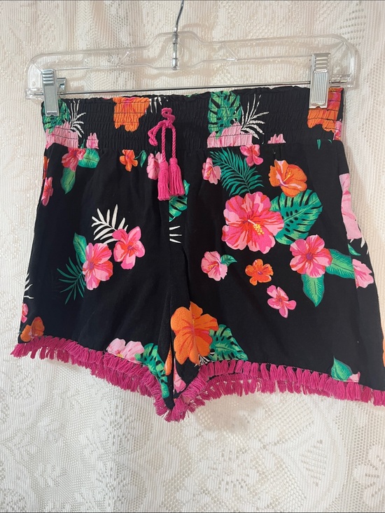 Pants - 😻5for15😻unbranded High-Waist Black Tropical Fringe Shorts with Pink Tassel S